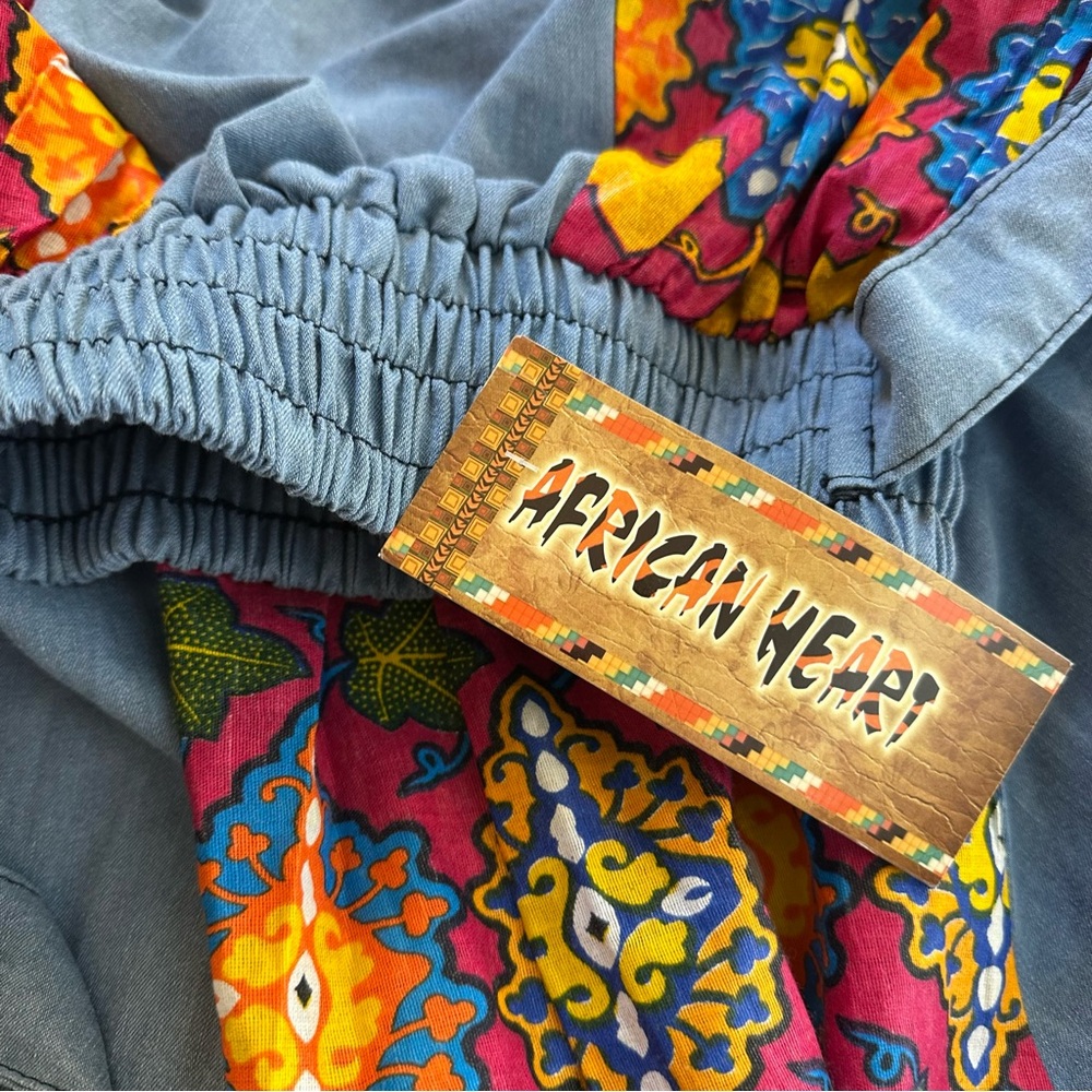 Boho Patchwork Denim Maxi Skirt Dashiki Tribal Print Elastic Waist One Size - Picture 8 of 10